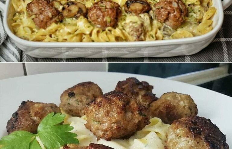 Pasta with mushroom sauce and meatballs