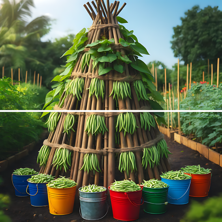 Plant bean in the buckets to grow up the bamboo poles and make a garden teepee